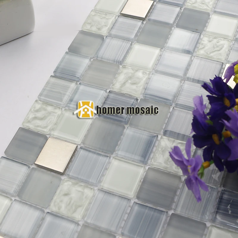 

smoky gray strip glass mixed stainless steel mosaic tiles for kitchen backsplash bathroom shower tiles fireplace mosaic HMB1264