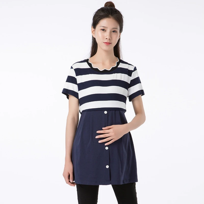 

Summer Nursing Dress Pregnancy Clothes Casual Striped Maternity Dress Short Sleeve Pregnant Dresses Breastfeeding Tops Plus Size