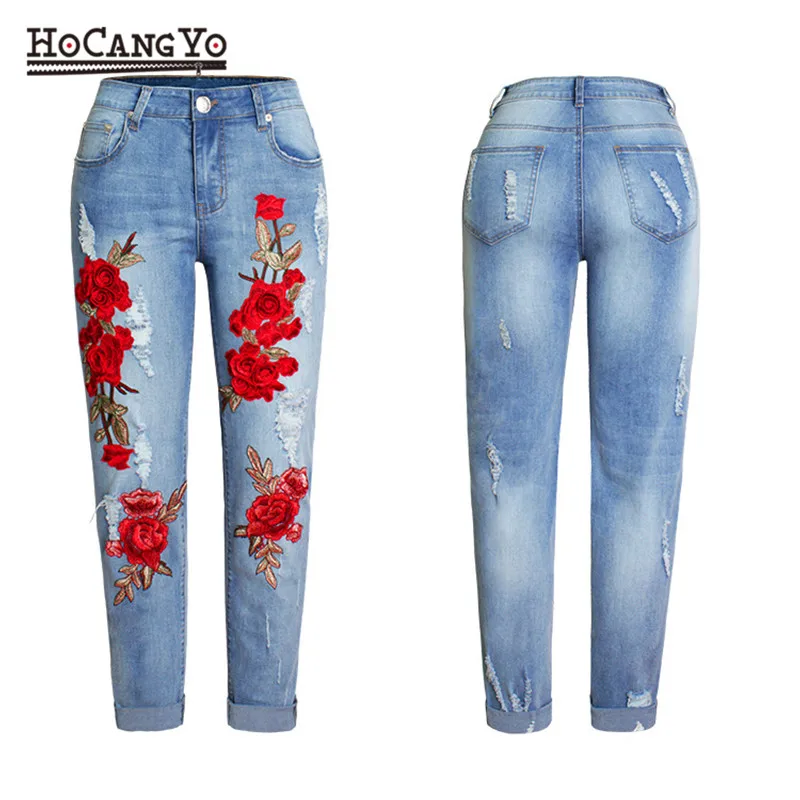 Женские джинсы с вышивкой джинсовые шорты завышенной талией эластичные