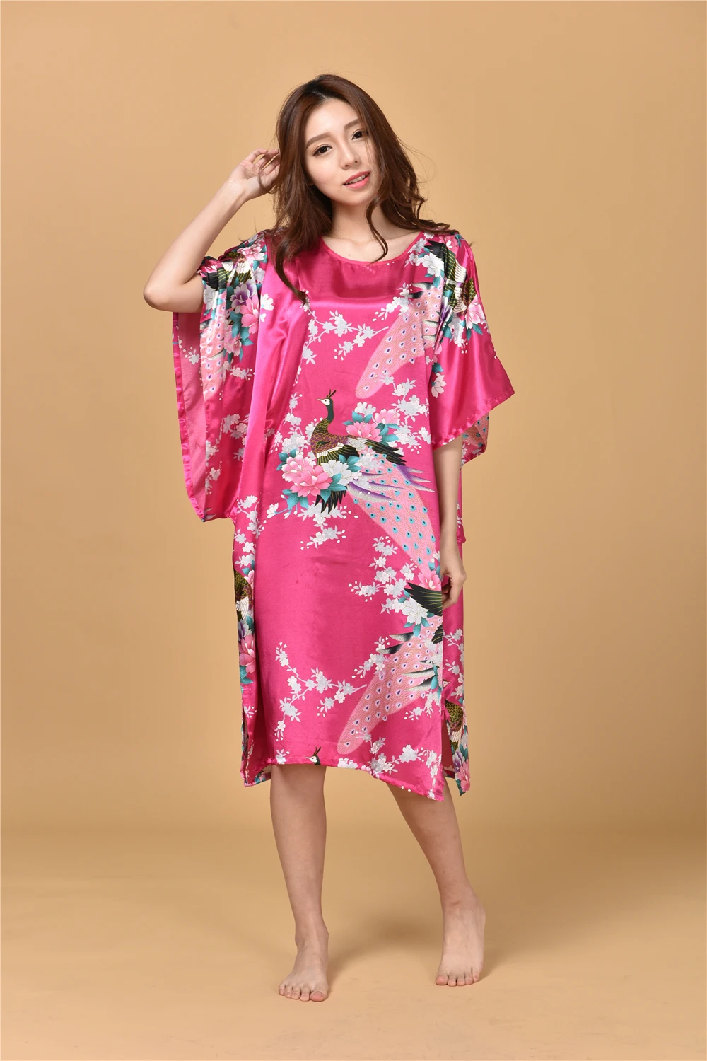 Летнее ярко-розовое сексуальное шелковое вискозное домашнее платье, женская летняя ночная рубашка, ночная рубашка, халат, кимоно, халат размера плюс 6XL A-071