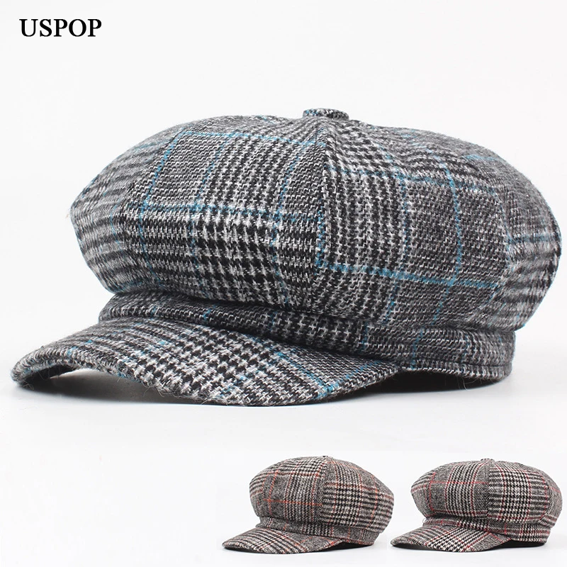 USPOP 2018 новые модные женские винтажные клетчатые Восьмиугольные шляпы кепки