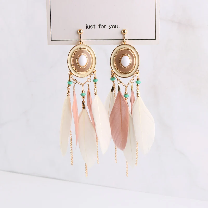 Модные богемные большие длинные эмалированные Серьги клипсы с перьями для