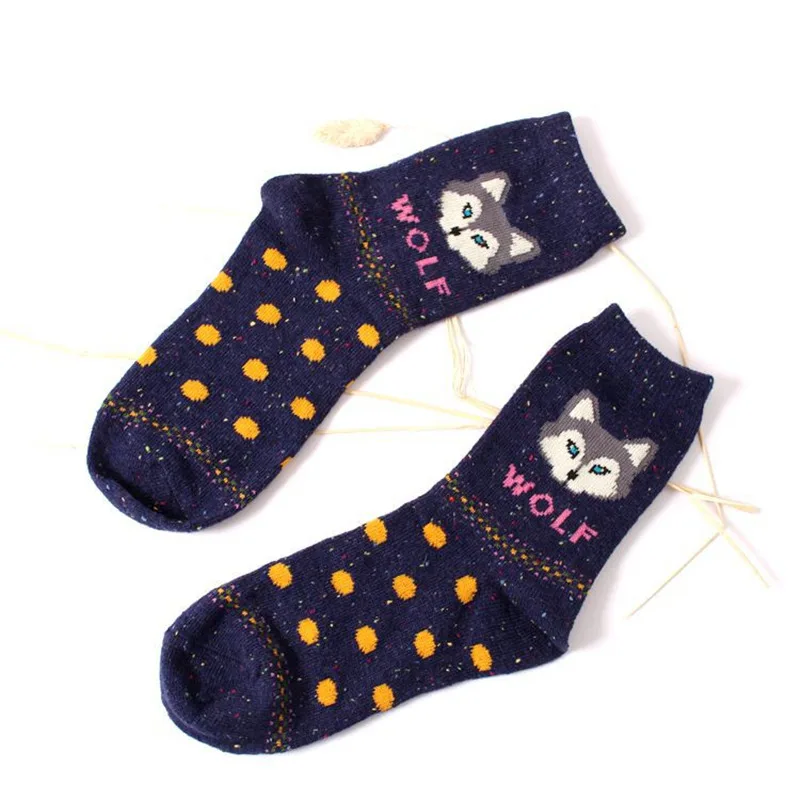 wolf navy blue Женские носки в ретро стиле, фирменные, узор в виде животных, кролика, шерстяные носки для осени и зимы, милая мультяшная лиса, волк, теплые хлопковые носки - Цвет: wolf navy blue