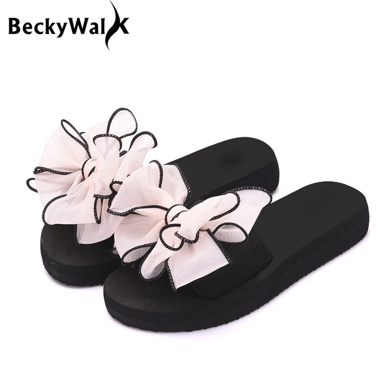 BeckyWalk/женская летняя пляжная обувь с милым бантом женские шлепанцы вьетнамки на