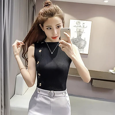 Shintimes, эластичные топы, летние, полосатые, винтажные, Camiseta, Tirantes Mujer, Camis,, на пуговицах, безрукавка, женский, хлопок, Haut Femme - Цвет: black