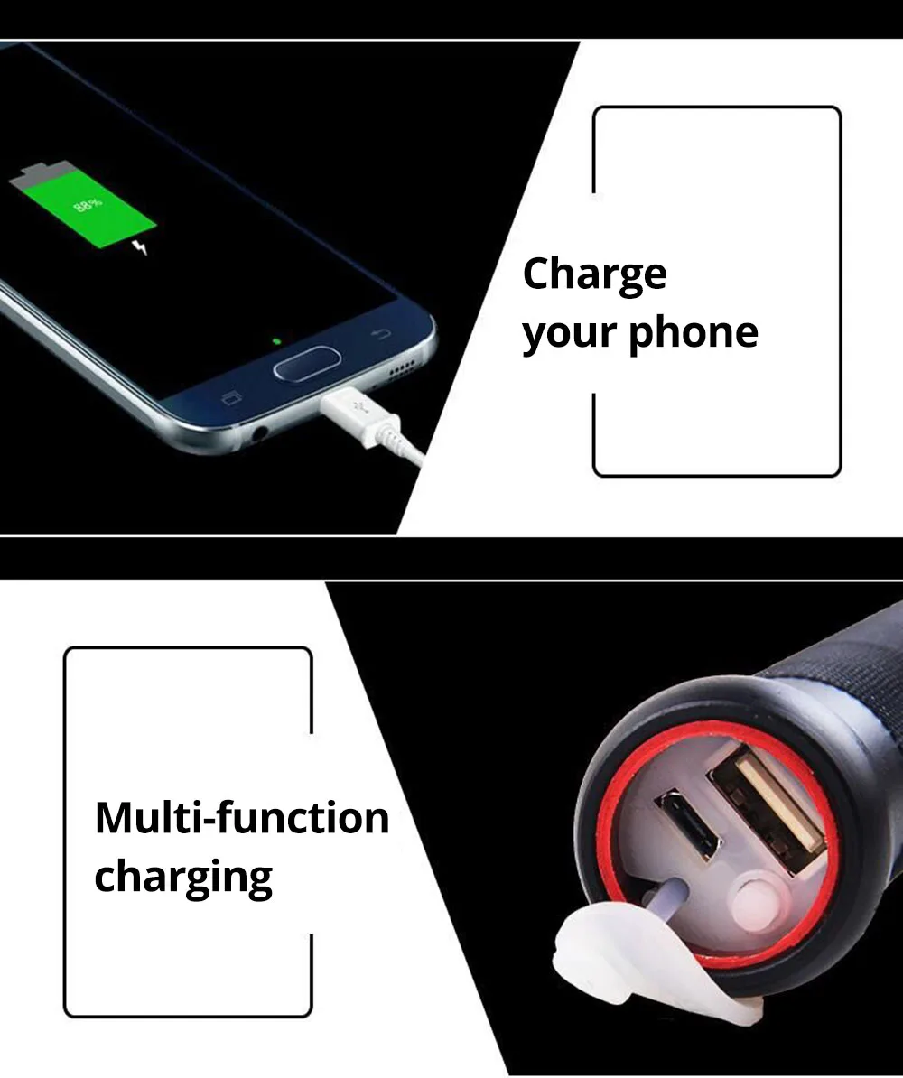 USB зарядное устройство Super T6 самообороны 8000лм 3 режима Встроенный 2*18650 батарея