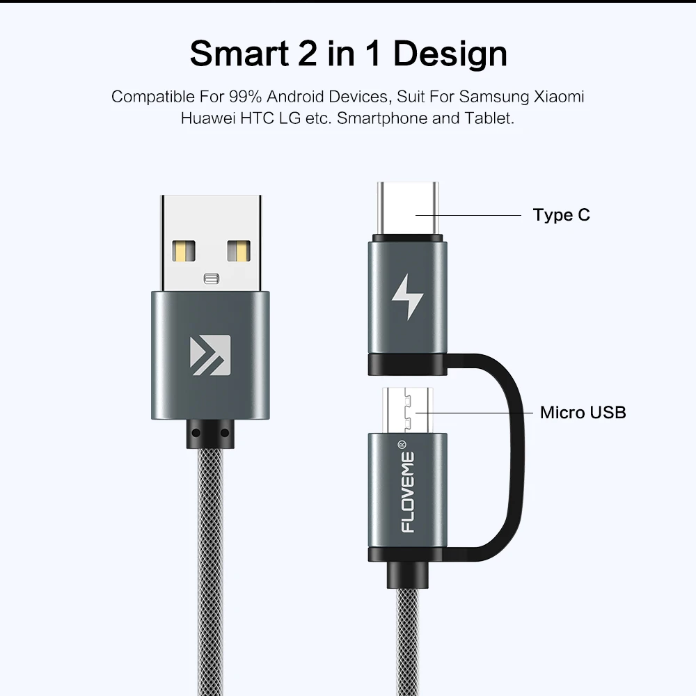 Кабель FLOVEME 2 в 1 USB Type-C/Micro-USB 3 0 для телефонов Android 2.4a | Мобильные телефоны и