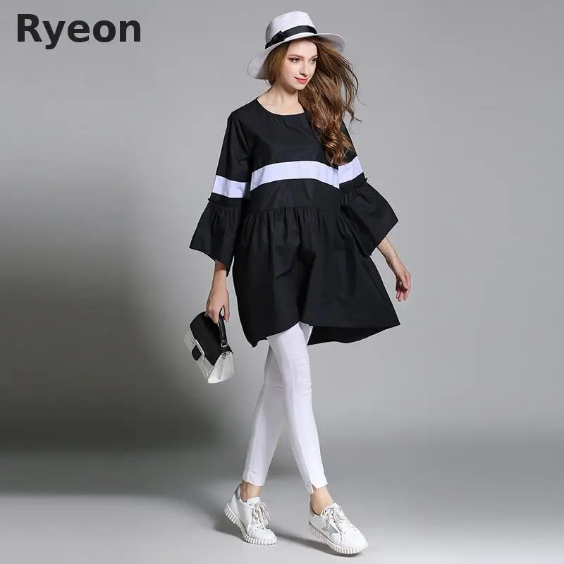 Ryeon Весна Женщин Плюс Размер Платья Повседневная Line Three Четверти Flare Рукавом