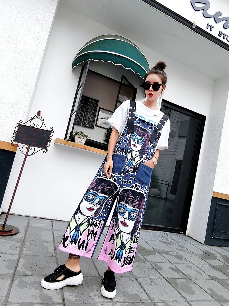 Дамы Harajuku характер печати джинсовые комбинезон лоскутный High Street Широкий повязка на ноги повседневные свободные брюки комбинезоны