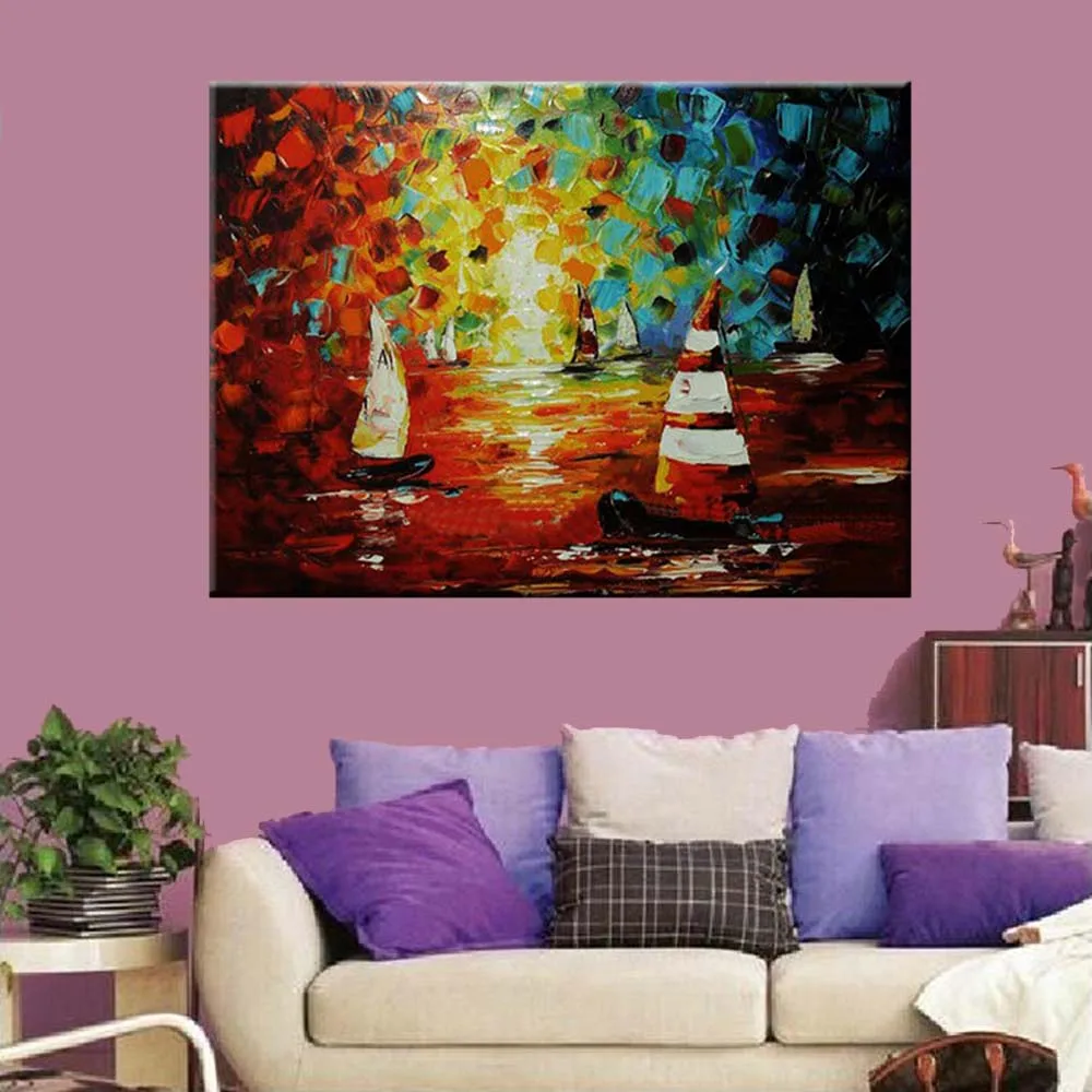 Ручная роспись Абстрактная палитра импасто нож лодка морской пейзаж холст