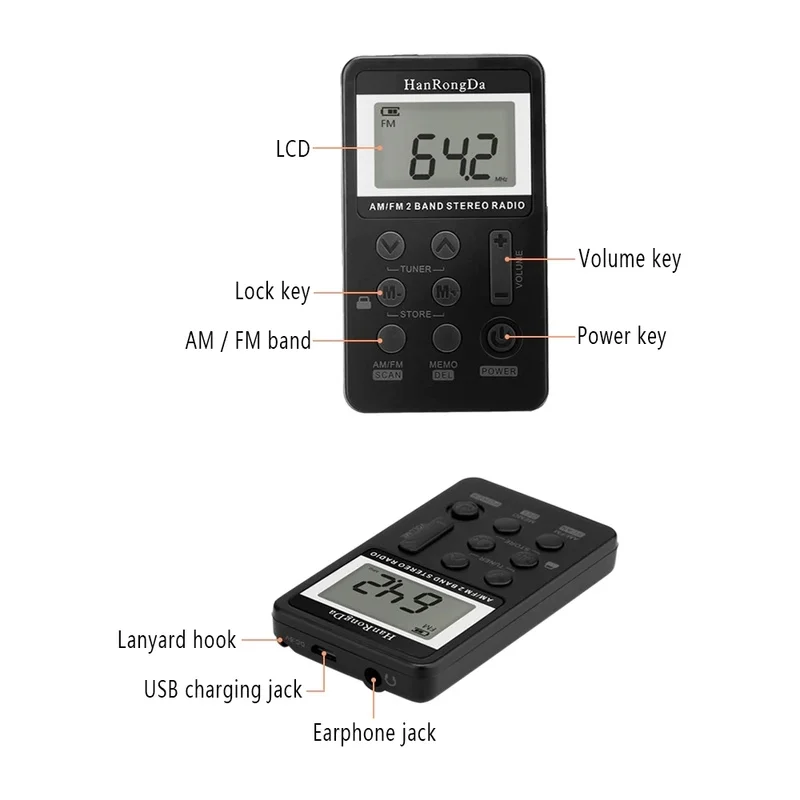 Portable Mini Digital Tuning USB FM Radio AM Stereo Frequency with LCD Display Lanyard and Earphone | Электроника