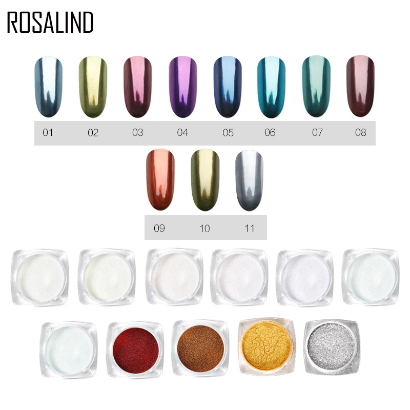 Зеркальная пудра для ногтей ROSALIND, Блестящий лак для украшения ногтей, все для маникюра, Полуперманентная блестящая пудра, базовое верхнее покрытие