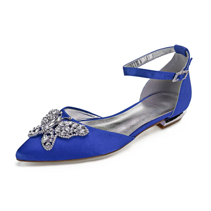 Royal Blue 1 OnnPnnQ/удобная женская свадебная обувь на плоской подошве с атласными кристаллами; обувь с острым носком и ремешком на лодыжке; обувь для выпускного вечера; вечернее формальное платье - Цвет: Royal Blue 1