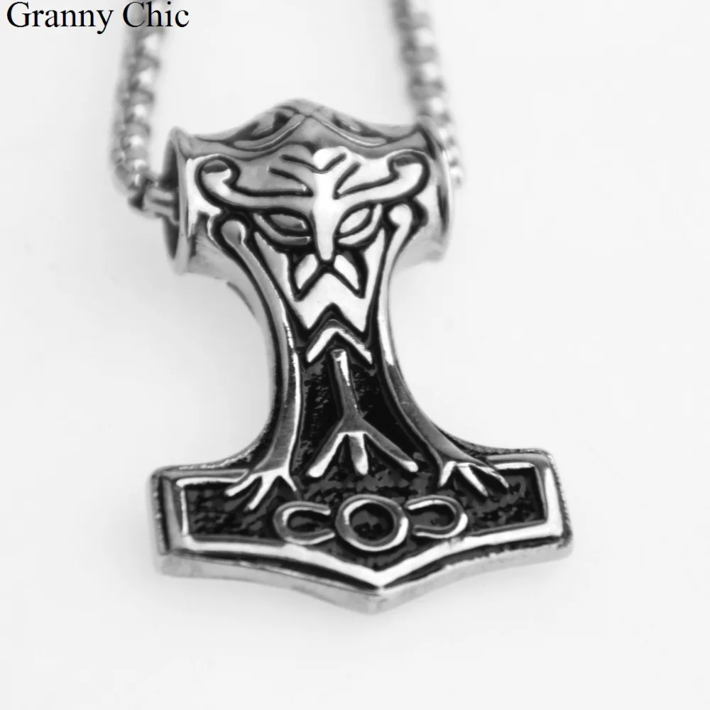 Granny Chic Popular Sale Fashion Men's Jewelry Silver Stainless Steel Vintage Thor's Hammer Pendant Box Necklace | Украшения и