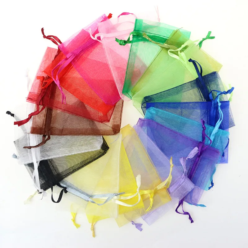 

50pcs 7X9 9X12 10X15 13X18cm Multi 21 Colors Jewelry Packing Organza Fabric Bags Handle Wedding Gift Bags Candy Pouches