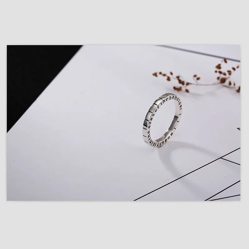 Uglyless Real S 925 Sterling Silver Handmade Engraved Letters Ring Women Rings Beauty is in the eyes of Beholder Proverb Bijoux | Украшения