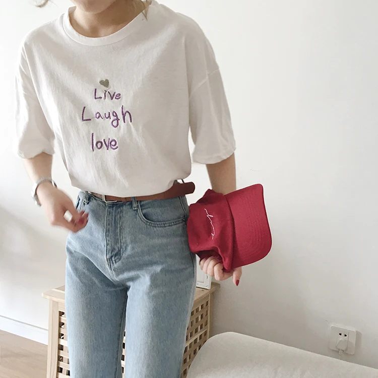 Harajuku женские футболки Ulzzang вышивка письмо Топы Футболка женская мода лето