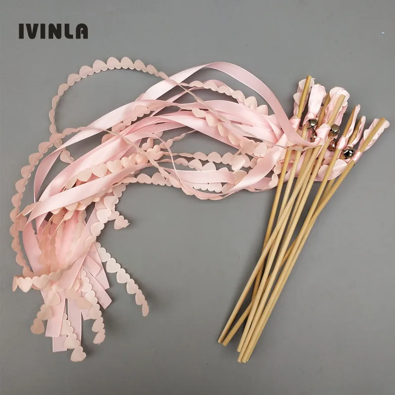 

30pcs/lot light pink wedding wands wedding ribbon stick with bell for wedding decoration