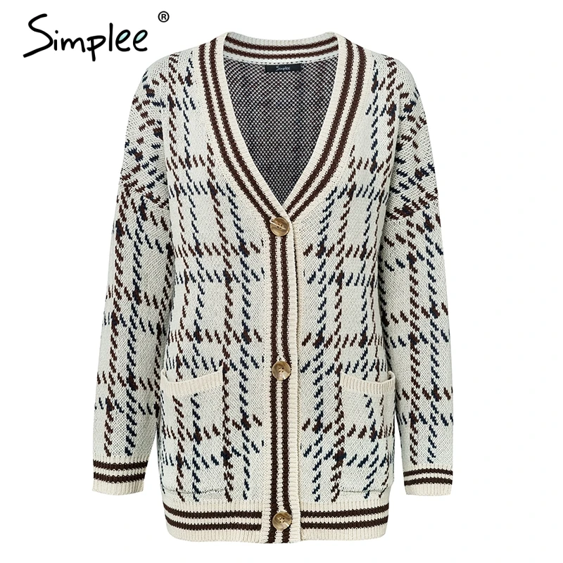 Simplee V шеи клетчатый винтажный женский кардиган с длинным рукавом Повседневный