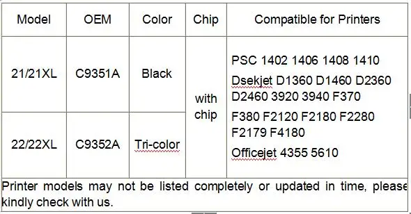 Hisaint совместимый для hp 21XL 22XL C9351A черный C9352A цветные чернильные картриджи для hp PSC 1402 1406 1408 1410 струйный принтер