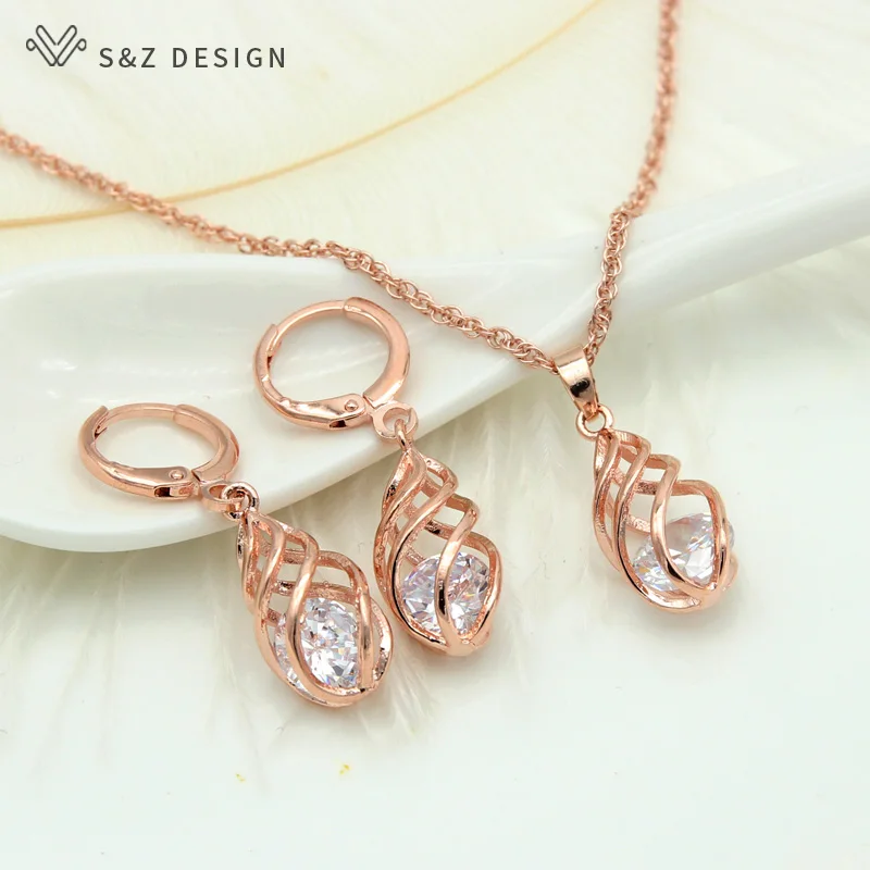 

S&Z Spiral Hollow Water Drop Dangle Drop Zircon Earrings 585 Rose Gold Color Jewelry Set For Women Gift Anti-allergy Eardrop