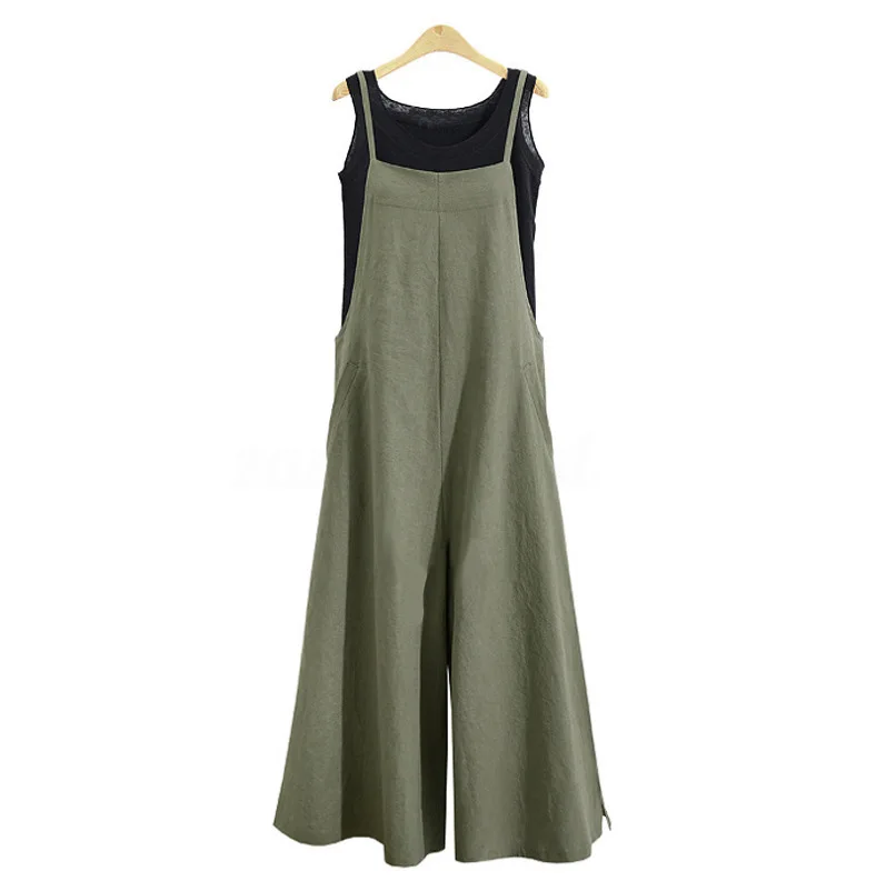

Plus Size 5XL Women Cotton Jumpsuit Pocket Wide Leg Rompers Strappy Overalls Casual Loose Solid Playsuit
