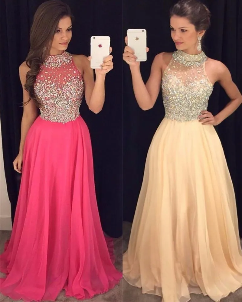 2017 Блестящий Кристалл Бисероплетение Шифон Длинные Пром Dress Sexy Высокая Шея
