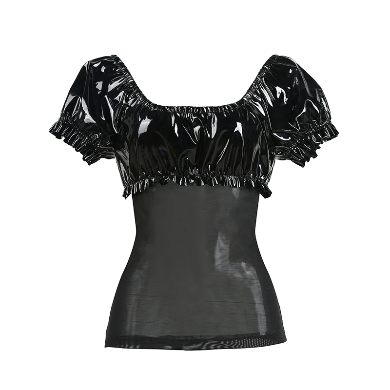 

2018 New Summer Women Sexy Black Top Wet Look Faux Leather See Through Mesh Short Lantern Sleeve Ladies Tees Tops W391248