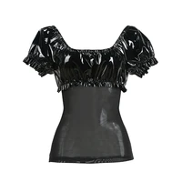2018 new summer women sexy black top wet look faux leather see through mesh short lantern sleeve ladies tees tops w391248