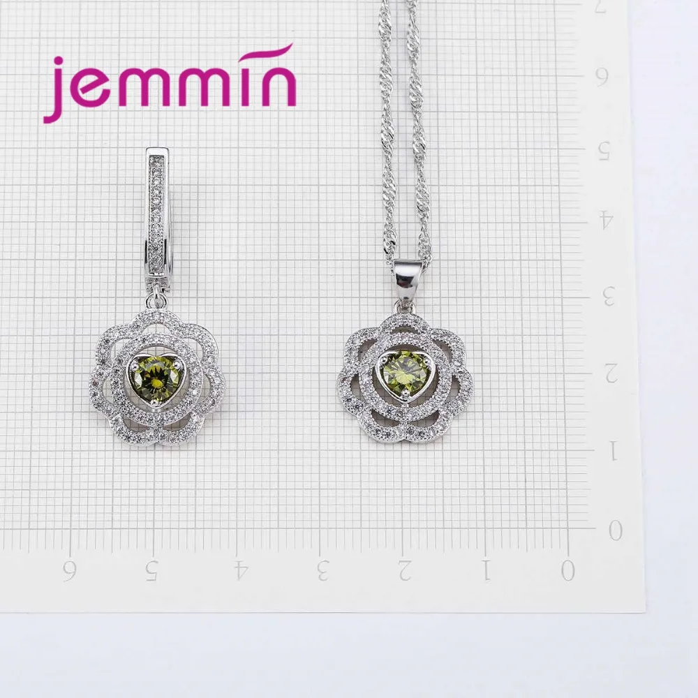 Elegant Fashion Hollow Flower Necklace Earrings for Women Heart Shape Round Dark Green Crystal 925 Sterling Silver Jewelry Sets |