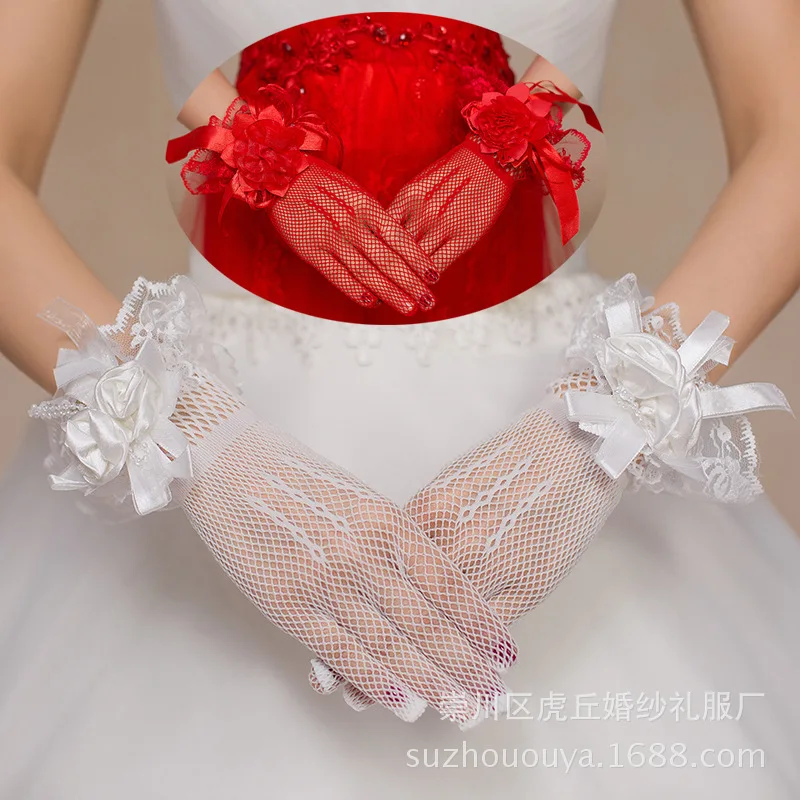 

Korea Short Lace Bridal Gloves Finger Wrist White Wedding Gloves Bridal Glove for Woman With Bow Bride Wedding Accessories