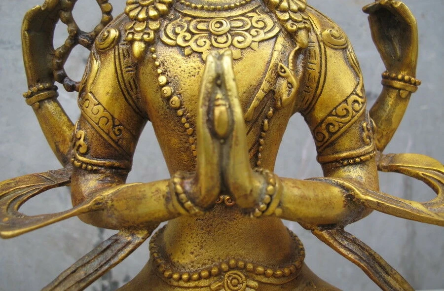 12 &quotТибет Тибетский бронзовая позолота четыре руки Chenrezig Kwan-Yin статуя