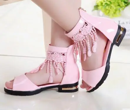 pink Girls Summer White Pink Tassel Sandals Boots For Teens Girls School Beach Princess Sandals Shoes 5 6 7 8 9 10 11 12 Years New - Цвет: pink
