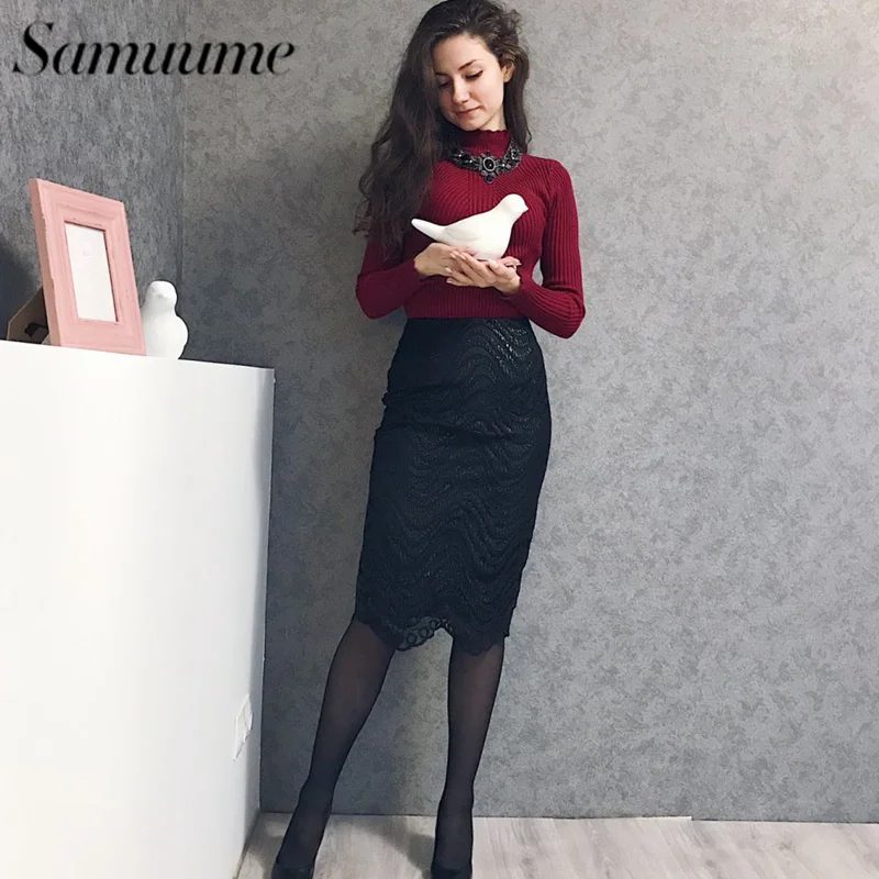 Samuume Высокая Талия Работа Bodycon юбка карандаш женские элегантные волна кружевные