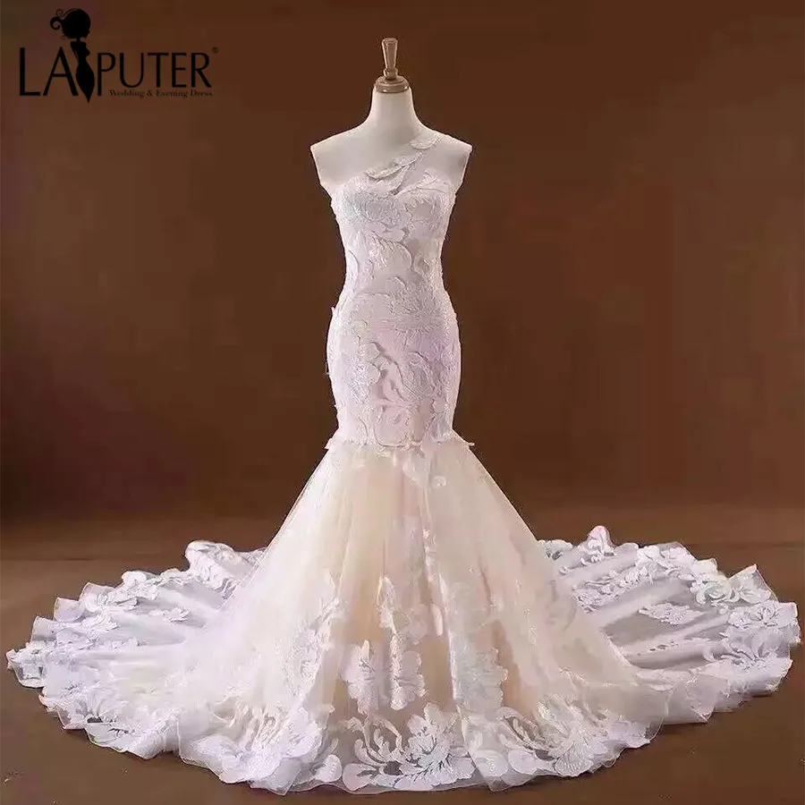 Свадебное платье русалки с кружевной аппликацией на одно плечо 2017 свадебное со