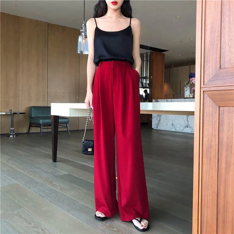 

2020 Summer Loose Casual High Waist Trousers Suit Women Black Red Wide Leg Pants Fashion
