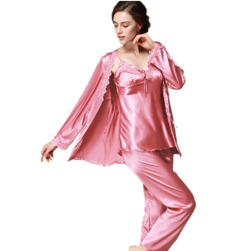 

Lace Silk Pajama Pants Set Ladies Womens Long Sleeve nightshirts trouser suit three - piece Homewear Clothes For Women