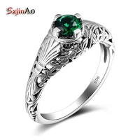 szjinao vintage green emerald rings for women cushion cute round cut jewelry 925 sterling silver sweet bijoux anel