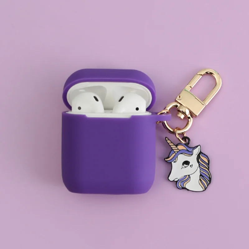 Милый Фиолетовый Unicorm кулон для Apple airpods беспроводной кейс для bluetooth-гарнитуры наушники силиконовый чехол для девочки чехол против потери