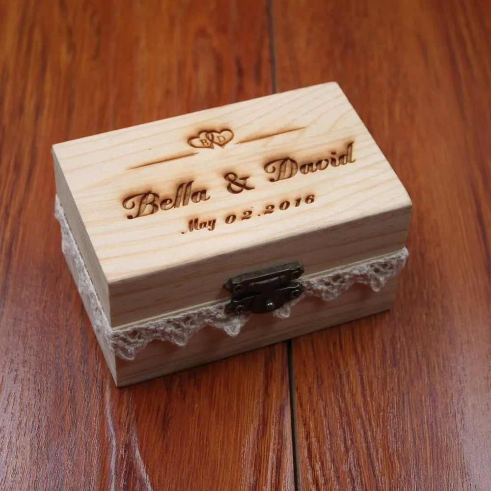 Персональный подарок Rustic обручальное кольцо Bearer Box Пользовательские ваши имена и даты выгравировать Кружево обручальное кольцо из коробки