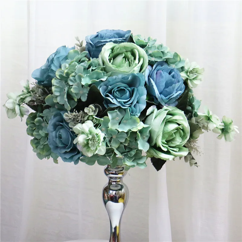 Green blue Изготовленный На Заказ 35/45 см Роза Пион искусственный цветок мяч Центральные Декора свадьбы фон Свадебный стол в виде цветочного шара цветов+ ваза-подсвечник - Цвет: Green blue