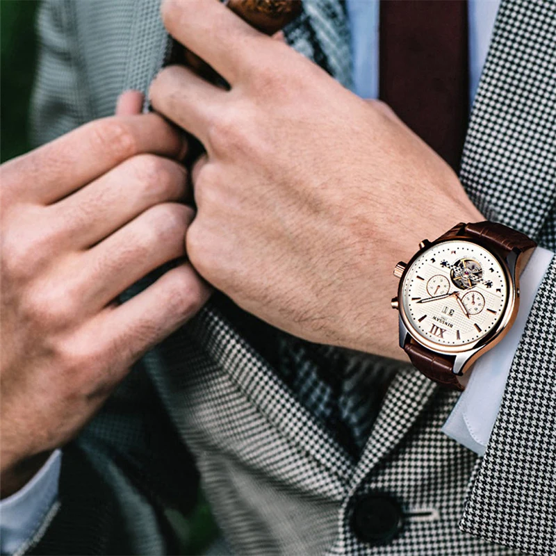 BINSSAW Модные Военные автоматические механические часы мужские Tourbillon кожаные с