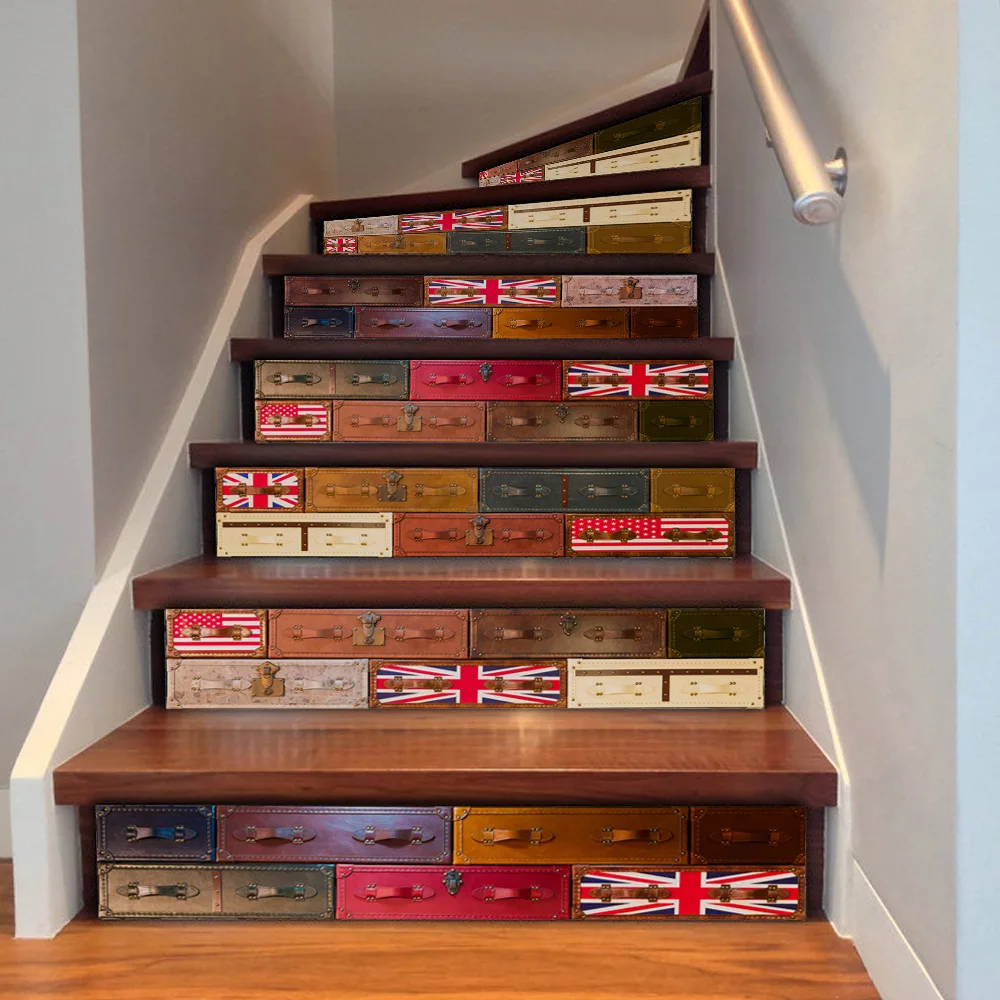 Retro European British Suitcase Vinyl Stair Stickers 3D Art Wall for Living Room TV Background Home Decor FS070 | Дом и сад