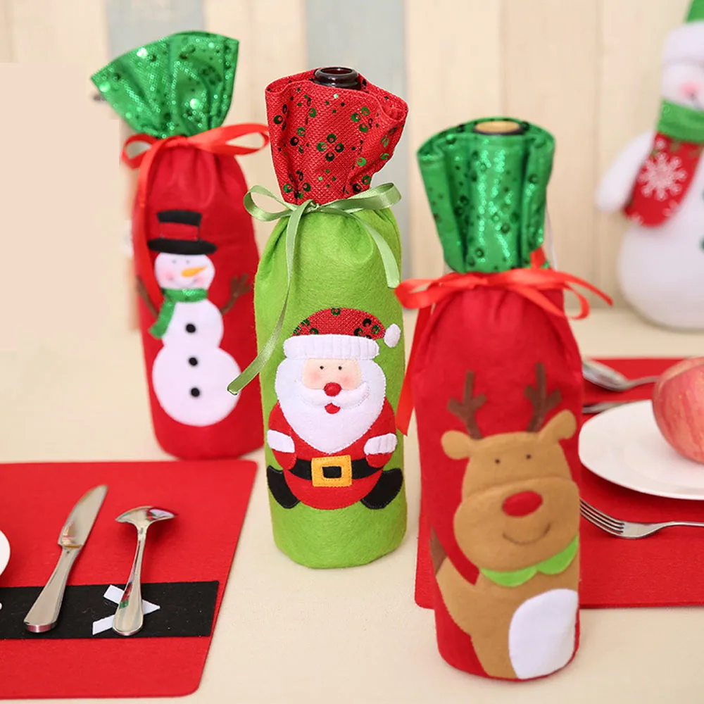 Christmas Festival Decorations Sequins Embroidery Pattern Bags Of Wine Bottle Hotel Home Party Decor Accessories ZY047 | Дом и сад
