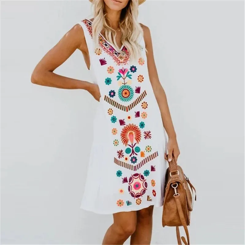 10pcs/lot Women Summer Casual Dress 2019 Plus Size V Neck Sleeveless Mini Floral Print A Line Loose Beach | Женская одежда