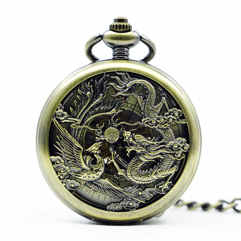 Chinese Flying Dragon&Phoenix Mechanical Pocket Watch Skeleton Steampunk Watches Chains Fob Clip Clock Gift PJX1272 | Наручные часы
