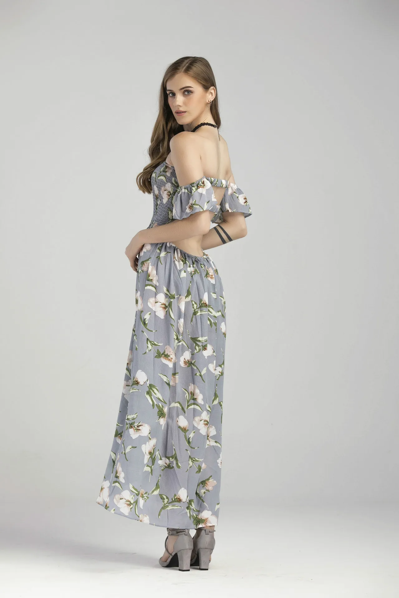 Взрывные Модели 2018 весной и летом праздник стиль off-the-shoulder dress Печать