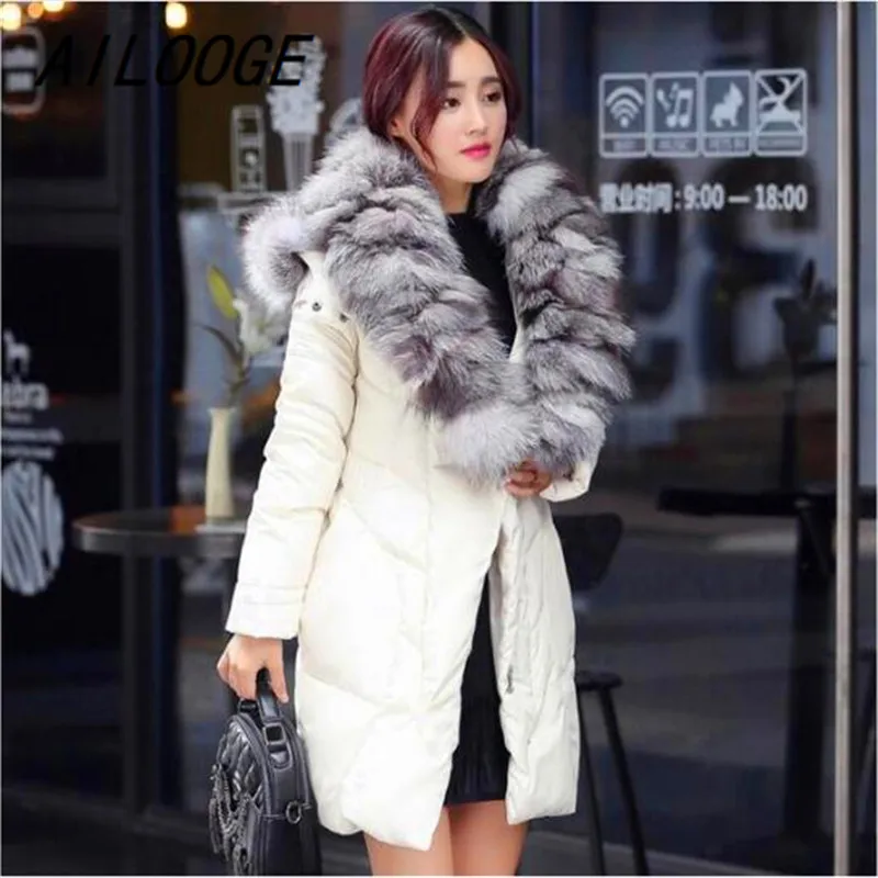 

AILOOGE 2021 New Fashion Winter Jacket Women Natural Fox Fur Collar Women Winter Coat Real Fur Parka Down Jacket Female