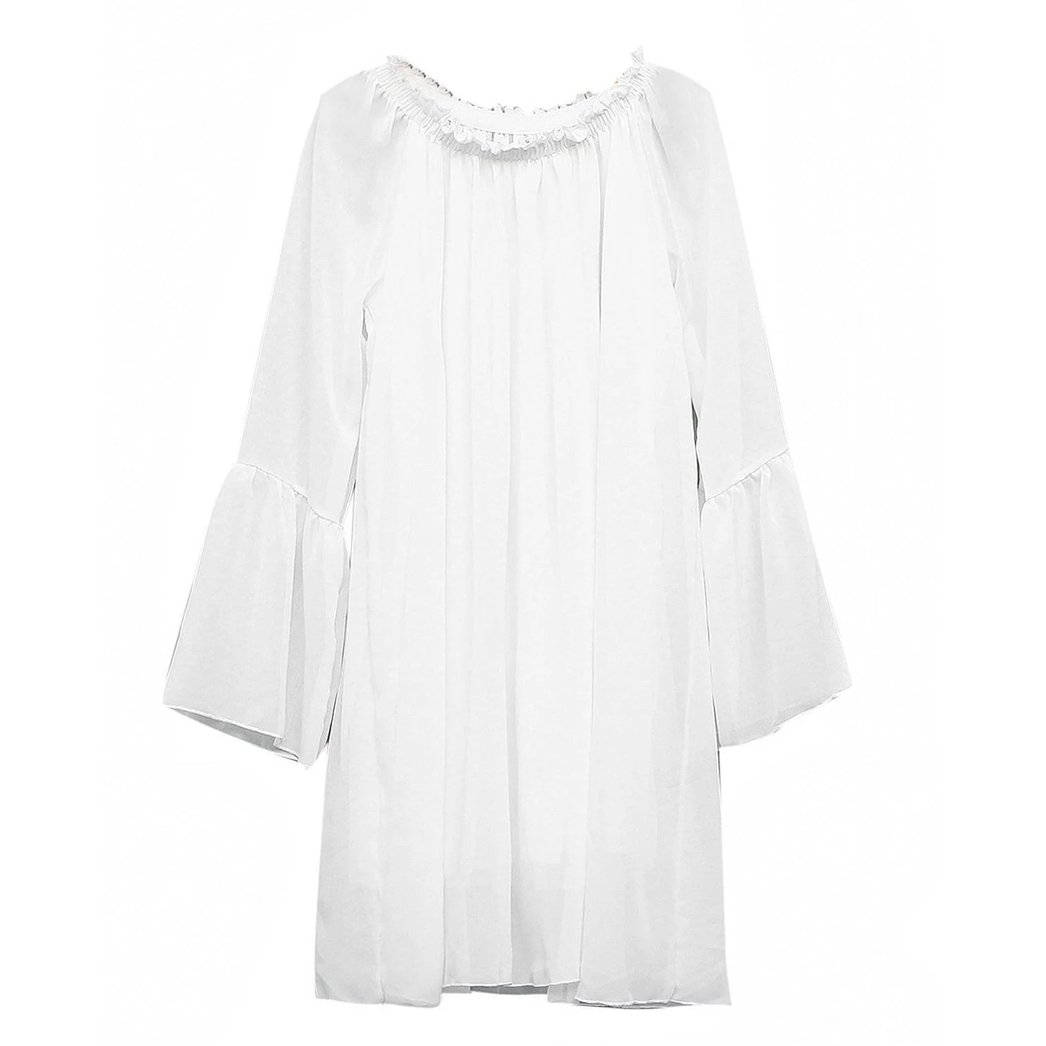 S-3XL 4 Color 2016 Summer Women Sexy Off Shoulder Slach Neck Chiffon Pleated Long Sleeve Loose Mini Short Dress Vestidos | Женская