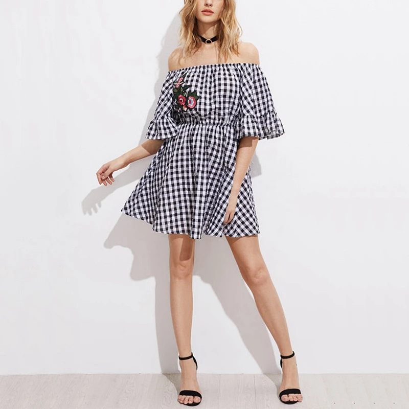 2017 Cold Shoulder Slash Neck Black White Plaid Dress Flower Print Flare Sleeve Mini Girl Party Dresses Vestidos |